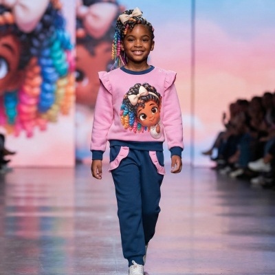 Conjunto criança rosa e azul com estampa de personagem animada colorida, desfilando na passarela.