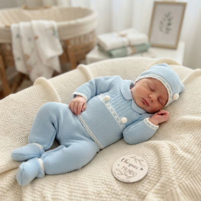 Bebé recém-nascido com roupa azul de malha e chapéu, deitado em manta bege com placa Cheguei HAND MADE ao lado