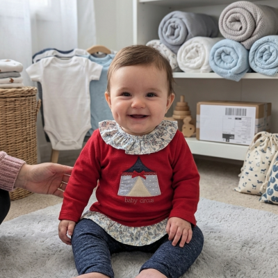 Bebé sorridente sentado em tapete cinzento com roupa vermelha e azul