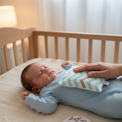 Bebé deitado em cama de madeira com saco de tecido e cartão redondo