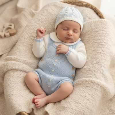 Bebé vestido com conjunto de malha azul clara e branca deitado numa cesta com manta felpuda bege.