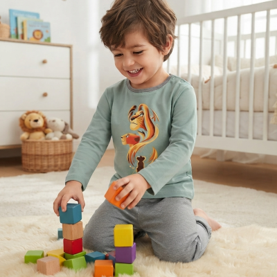 Menino a brincar com blocos coloridos vestindo camisola verde com estampa de desenhos animados e calças cinza em quarto de criança
