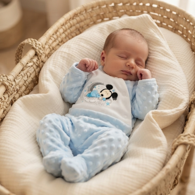 Bebé a dormir numa minicama de verga com fato azul de bolinhas e desenho do Mickey Mouse