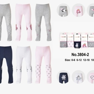 Leggins para bebés em várias cores e padrões, embalagens e etiquetas visíveis