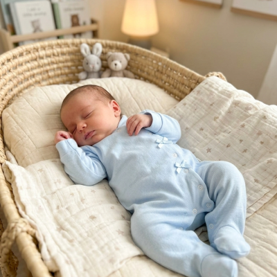 Bebé a dormir numa cama de verga com colcha bege e macacão azul claro