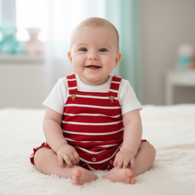 Bebé com babygrow vermelho às riscas sentado num colchão branco