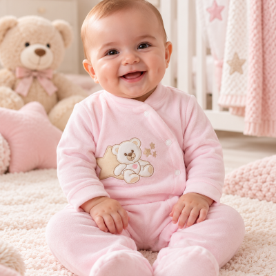 Bebé sorridente com pijama rosa e ursinho bordado sentado em tapete felpudo