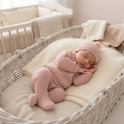 Bebé a dormir em cesta de vime com roupa de malha rosa.