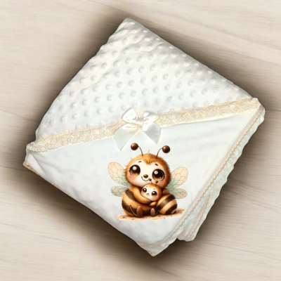 Manta branca para bebé com textura e estampa de abelhas