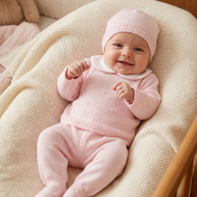 Bebé vestido com conjunto rosa de malha sentado numa almofada creme numa cama de madeira.