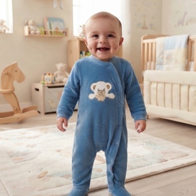Bebé a sorrir vestido com macacão azul com ursinho bordado em quarto infantil