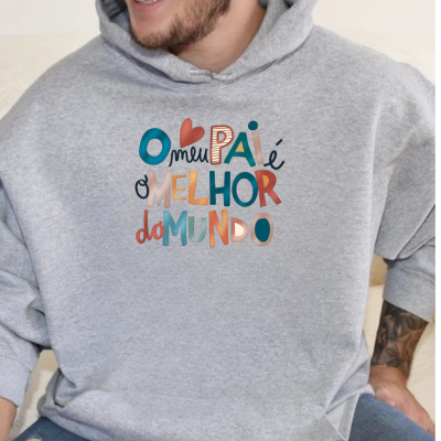 Sweatshirt cinzenta com capuz e texto colorido em português