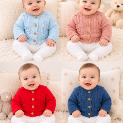 Bebés com cardigans de malha de várias cores sentados em ambiente acolhedor com almofadas e peluches.