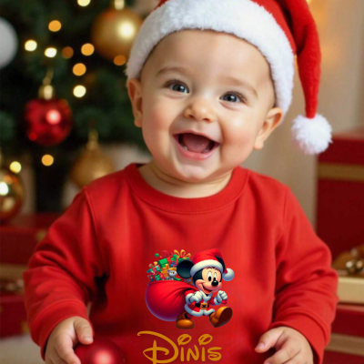 Bebé com pijama de Natal vermelho com Mickey Pai Natal e gorro vermelho e branco