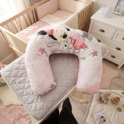 Almofada amamentação rosa com estampa Minnie Mouse no quarto de bebé