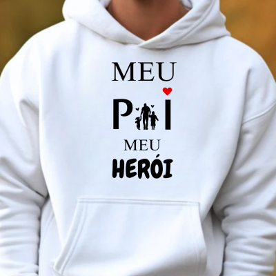 Sweatshirt branca com estampado 'MEU Pai MEU HERÓI' e detalhes em silhueta e coração vermelho