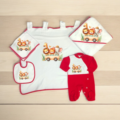 Conjunto de bebé branco e vermelho com estampado de animais num carrinho