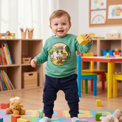 Criança a sorrir com camisola verde e calças azuis, segurando bloco amarelo em sala de jogos colorida