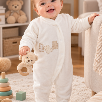 Bebé com fato de pijama branco e brinquedo de urso