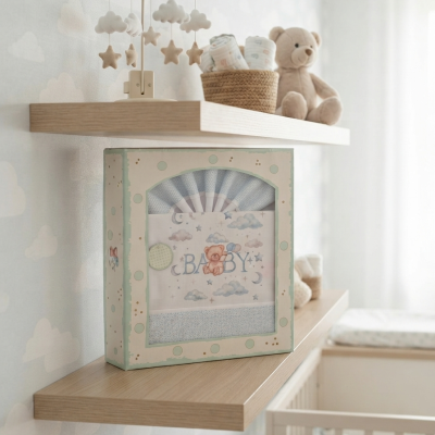 Prateleiras com itens de bebê incluindo móbile, fraldas, urso de pelúcia e caixa decorativa