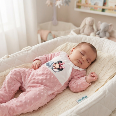 Bebé a dormir vestido com pijama rosa e Minnie Mouse num colchão acolchoado branco