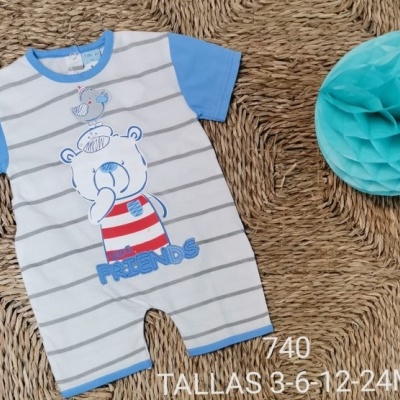 Macacão curto de bebé azul e branco com estampa de urso e pássaro