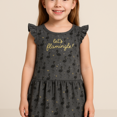 Vestido para menina cinzento com flamingos e texto 'let's flamingle!'