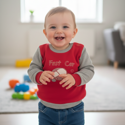 Bebé com camisola First Car e calças de ganga azuis em interior com brinquedos ao fundo
