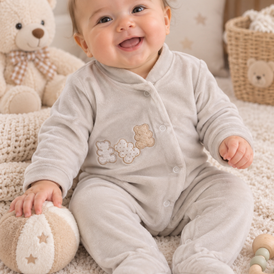 Bebé sorridente com pijama cinza claro e ursinhos bordados, sentado em ambiente aconchegante com brinquedos e peluches.