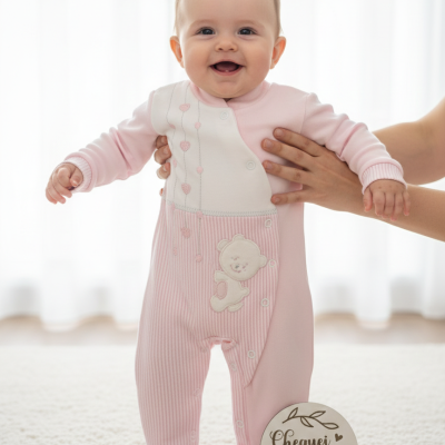 Bebé a usar macacão rosa e branco com aplicação de urso e corações, segurado por mãos.