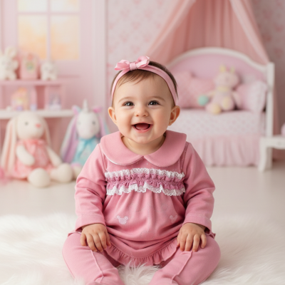 Bebé sorridente de pijama rosa sentada em tapete branco felpudo em quarto infantil cor de rosa