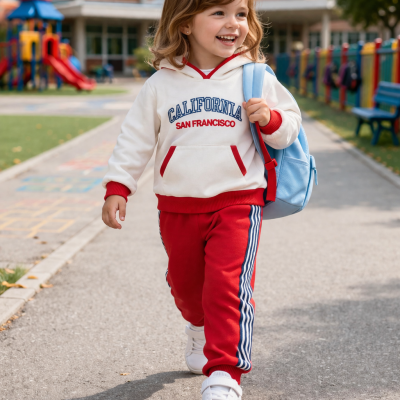Criança sorridente em roupa desportiva com mochila azul num parque infantil