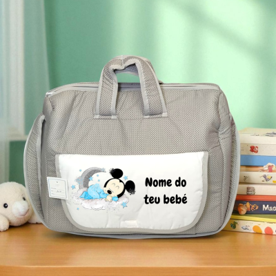 Mala cinza para bebé com bolso frontal branco e personagem Mickey Mouse