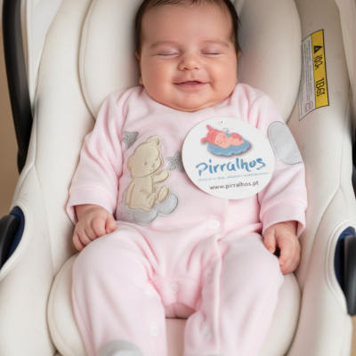 Bebé sorridente em fato de pijama rosa numa cadeira de bebé branca acolchoada