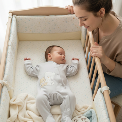 Berço de madeira com bebé a dormir, cobertores e placa com texto.