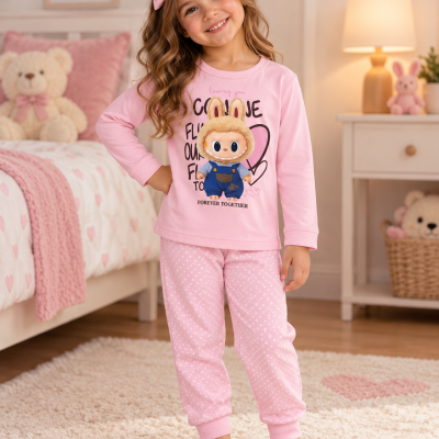 Pijama infantil rosa com estampa frontal e padrão de pontos brancos nas calças