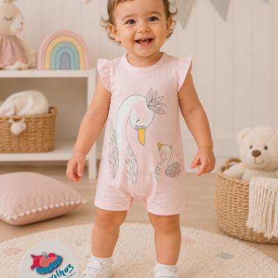 Bebé com macacão rosa claro com desenho de cisnes em ambiente infantil acolhedor