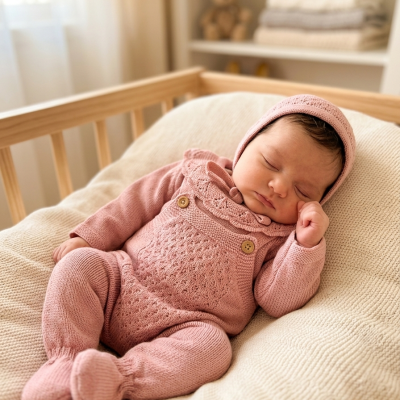 Bebé a dormir vestido com roupa de malha rosa num berço de madeira clara.