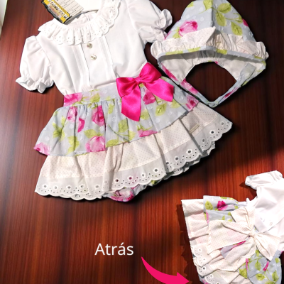 Conjunto de roupa para bebé com vestido branco, saia florida, laço rosa e gorro floral