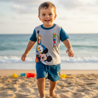 Menino pequeno na praia com roupa infantil azul e cinza com personagens Disney