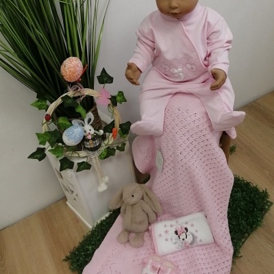 Boneca bebé rosa com faixa branca sentada em cobertor rosa com brinquedo coelho e acessórios