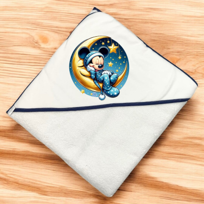 Toalha de bebé branca com desenho Disney do Mickey dormindo na lua