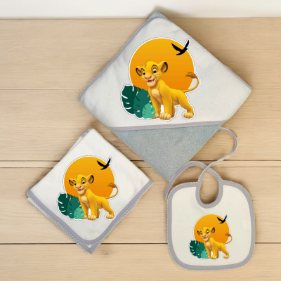 Conjunto de toalha de banho com capuz, fralda e babete para bebé com personagem Simba do Rei Leão em fundo alaranjado