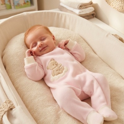 bebé a dormir em cama confortável com roupa rosa e ursinho bordado