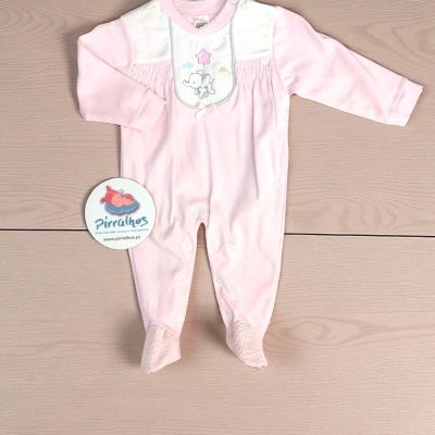 Macacão de bebé rosa com bordado de elefante e estrelas