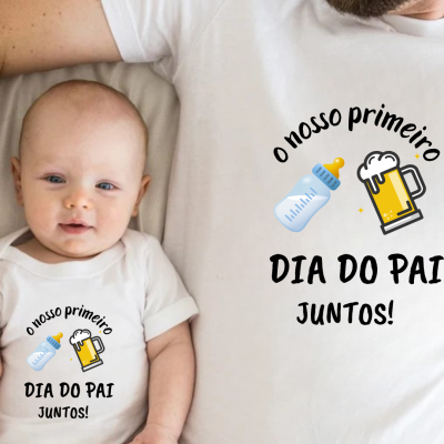 T-shirts brancas com texto e imagens para o Dia do Pai, usadas por adulto e bebé