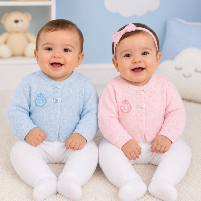 Dois bebés com casacos de malha azul e rosa sentados em tapete, fundo com urso de peluche e almofada azul com nuvens
