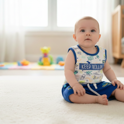 Bebé sentado a usar roupa com texto KEEP ROLLIN no quarto com berço