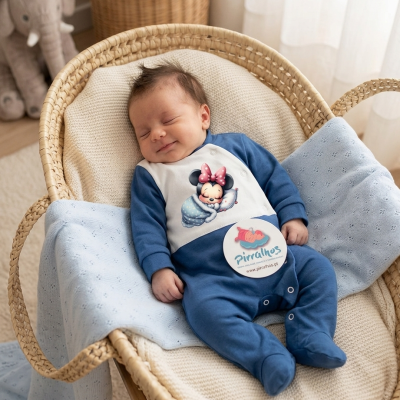 Bebé a dormir em alcofa forrada com manta e almofada azul, vestido macacão com estampa da Minnie bebé e etiqueta Pirralhos.
