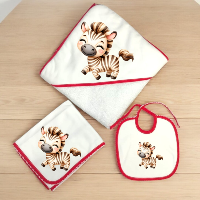 Conjunto de toalha de bebé com zebra, babete e fralda em branco com bordas vermelhas